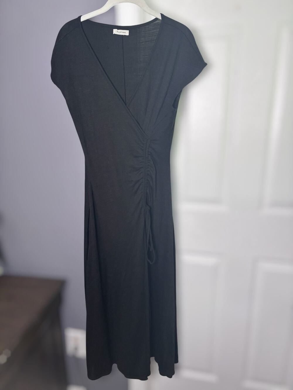 Max Studio Black Wrap Maxi Short Sleeve Cinched Dress XS